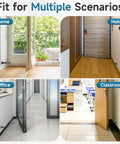Heavy Duty Black Door Stoppers Sitting Firm On Floor With Thick Silicone Tip Rock Solid Aluminum Build Nonmarking Grip in Home, Office, Hotel, and Classroom settings.