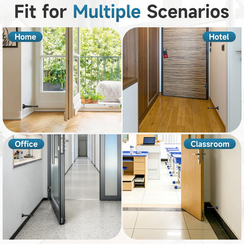 Heavy Duty Black Door Stoppers Sitting Firm On Floor With Thick Silicone Tip Rock Solid Aluminum Build Nonmarking Grip in Home, Office, Hotel, and Classroom settings.