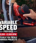 Person using 20V Max Cordless Detail Sander Tool Only With Pro-Grade Power And Variable Speed 9,000-12,000 OPM, red color