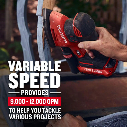 Person using 20V Max Cordless Detail Sander Tool Only With Pro-Grade Power And Variable Speed 9,000-12,000 OPM, red color