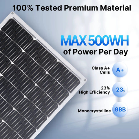 Close-up of 100W 12V Flexible Solar Panel showcasing monocrystalline cells, 9BB, A+ class, with max 500WH power for off-grid rigs.