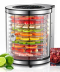 No Fuss Big Batch Stainless Steel Food Dehydrator With 10 Removable Racks And True 360 Rotating Drum, displaying colorful fruits in trays.