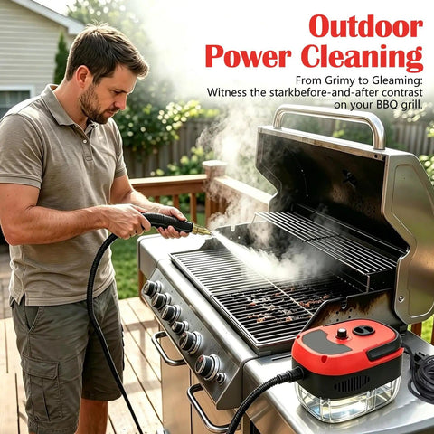Man cleaning BBQ grill with Beast 2500W Handheld Steam Cleaner With Pressurized 105C Steam, 10 In 1 Multi Purpose Cleaner.