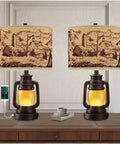 Lantern Table Lamps Set Of 2 With Nightlight And USB Power Outlet, Dark Bronze Finish, Linen Hardback Shade on wooden table