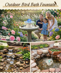 Outdoor Bird Bath Fountain With LED Light And 5W Submersible Pump Crystal Ball Accent in garden setting with family