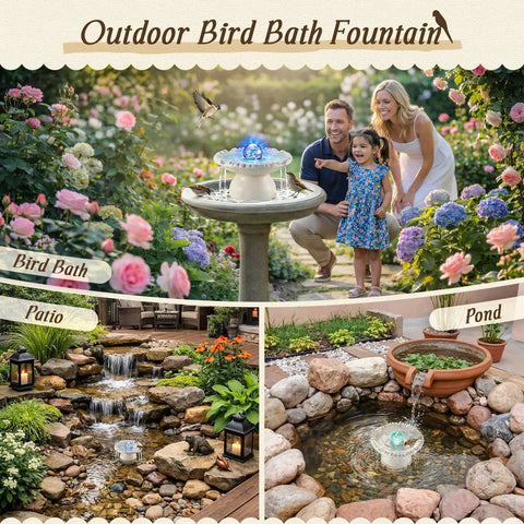 Outdoor Bird Bath Fountain With LED Light And 5W Submersible Pump Crystal Ball Accent in garden setting with family