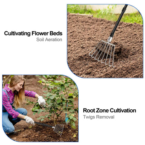 Leaf Rake With Eight Round Tine Design For Quick Lawn Cleanup Metal Garden Rake in use on flower bed and garden soil