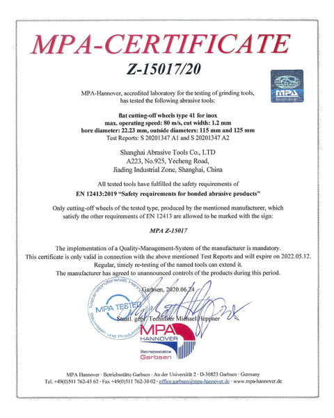 MPA certificate for 9 Inch Cut Off Wheel Set For Die Grinders And Angle Grinders, 25-Piece Metal And Stainless Steel Cutting Discs