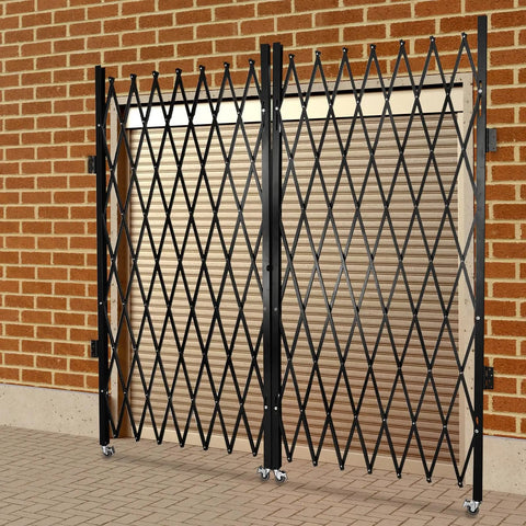Heavy Duty Double Folding Security Gate Built Like A Tank For Garage And Warehouse With Rock Solid Expandable Metal Scissor Design and Four Lockable Rolling Casters, black iron steel, 12 feet wide