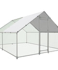 Large Metal Chicken Coop Walk In Poultry Cage With Water Resistant Roof And Anti UV Cover Outdoor Run Pen For Ducks Rabbits And Cats Durable Steel Frame With Galvanized Wire Mesh And Spire Shaped Design visible from the side angle.