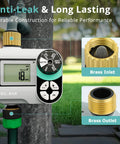 Brass Sprinkler Timer For Garden Hose Faucet With Waterproof HD Screen, Programmable Rain Delay, close-up of brass inlet and outlet