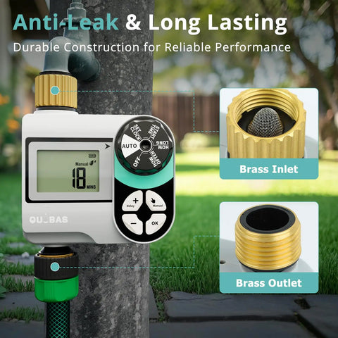 Brass Sprinkler Timer For Garden Hose Faucet With Waterproof HD Screen, Programmable Rain Delay, close-up of brass inlet and outlet