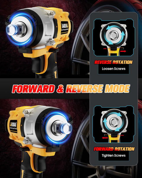 Close-up of Cordless Impact Wrench 800Nm High Torque Beefy Brushless Motor 1/2 Inch Drive showing forward and reverse modes.