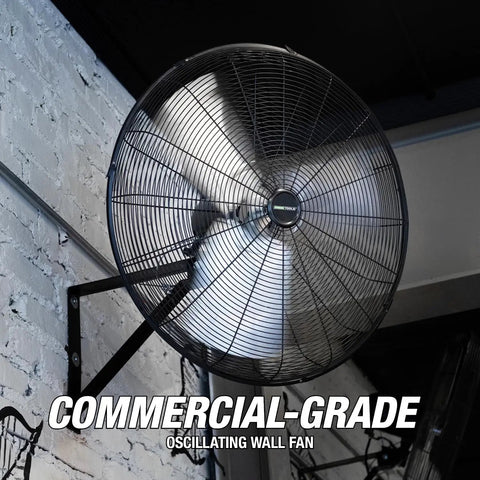 Beastly 30 Inch Indoor Oscillating Wall Fan With 9500 CFM Max mounted on a industrial wall with 90 degree angle