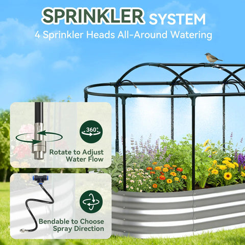 Raised Garden Bed With Self Watering System For Easy Outdoor Growing 6x3x1 Ft Elevated Planter Boxes With Mesh Cover Ideal For Vegetables Flowers Herbs In Backyard Or Patio, featuring 4 sprinkler heads and adjustable water flow.