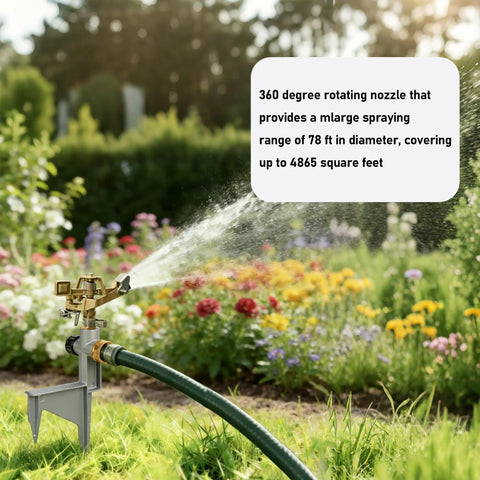 Two Pack Zinc Alloy Impact Sprinklers With Stainless Steel Pulsating Heads On Spike Base Adjustable Water Sprinklers spraying water in garden.