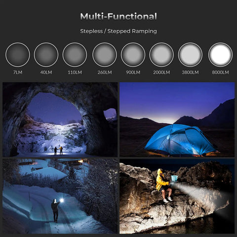Image showing Ultra Bright SP36 Pro Flashlight with 8000 Lumens in various outdoor scenarios, demonstrating its beam modes.