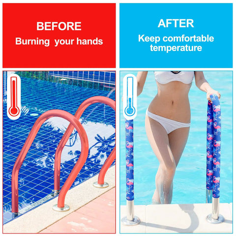 Sweet Grip Eight Foot Inground Pool Railing Cover With Rad Flamingo Palm Design Slip Resistant Handrail Grip Blue shown on pool handrails.