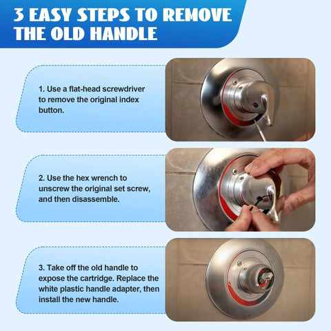 Steps to remove old handle for Lever Handle Kit And Screw Kit For Single Handle Pressure Balance Tub And Shower Faucets.