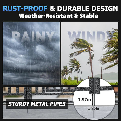 Weatherproof design of Removable Pool Fence 36Ft By 40In, 14 Panels And 2 Gates, with rust-resistant black-silver metal pipes.