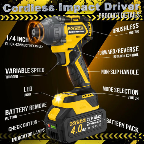 Beater Proof 21V Brushless Cordless Impact Driver Kit Yellow with 1/4 inch hex chuck and variable speed trigger.