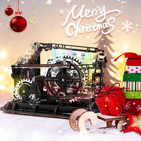 3D Wooden Marble Run Puzzle With LED Lights For Adults Mechanical Wood Model Building Kit with festive Christmas decor