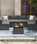 Replacement Outdoor Cushions For Patio Furniture 14 Piece Deep Seat Cushions For 6 Seat Patio Conversation Sets shown in grey on a wicker sofa