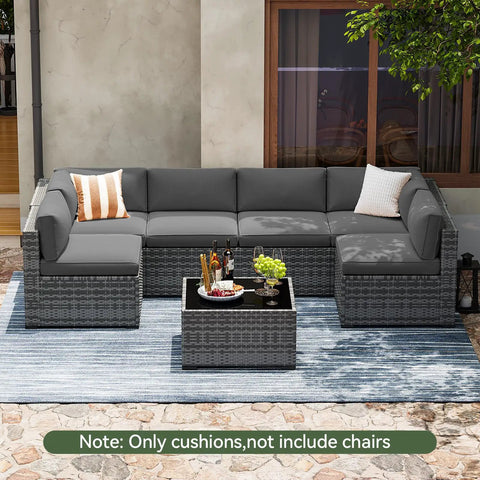 Replacement Outdoor Cushions For Patio Furniture 14 Piece Deep Seat Cushions For 6 Seat Patio Conversation Sets shown in grey on a wicker sofa