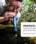 Person using personal water purifier for hiking camping travel and emergency prep delivers safe drinking water by filtering