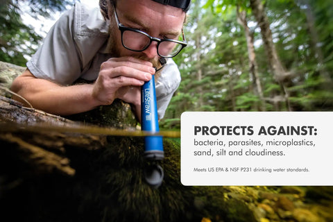 Person using personal water purifier for hiking camping travel and emergency prep delivers safe drinking water by filtering