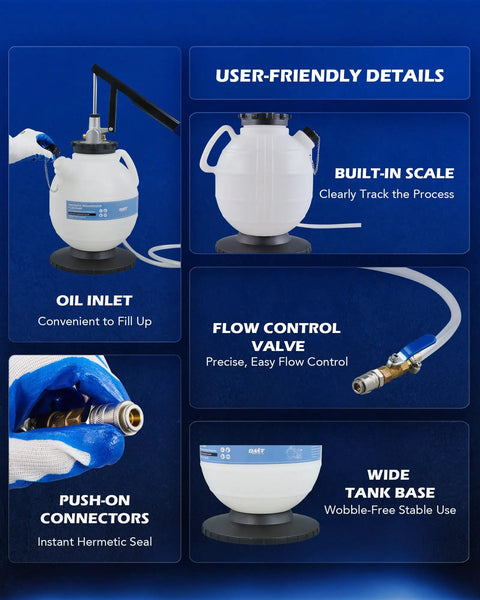 2 Gallon Transmission Fluid Transfer Pump Kit With 15 ATF Adapters For Easy Auto Transmission Fluid Refills At Home Or Shop Garage Ready Long Lever Manual Pump Built Tough Wide Compatibility With Most ATF Systems, white pump with scale and hose
