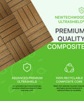 Top view of Interlocking Outdoor Composite Deck Tile 1 Ft By 1 Ft Quick Deck In Peruvian Teak, Ultra Durable HDPE Wood Fiber Core, Weatherproof For Patios Balconies And Outdoor Spaces, 10 Sq Ft Per Box with text on durability and recyclability features.