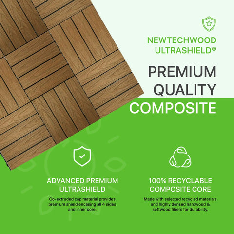 Top view of Interlocking Outdoor Composite Deck Tile 1 Ft By 1 Ft Quick Deck In Peruvian Teak, Ultra Durable HDPE Wood Fiber Core, Weatherproof For Patios Balconies And Outdoor Spaces, 10 Sq Ft Per Box with text on durability and recyclability features.