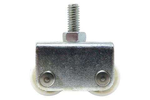 Front view of a 7/8-Inch Threaded Stem Appliance Caster Set With Dual Wheels White 4-Pack Low Profile 1-1/2-Inch Wide Twin Wheels Jam Nuts.