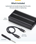 Top Notch USB4 And Thunderbolt 3 M.2 Nvme Ssd Enclosure Featuring Chill Aluminum Heatsink Casing, compact black design with USB-C cable.