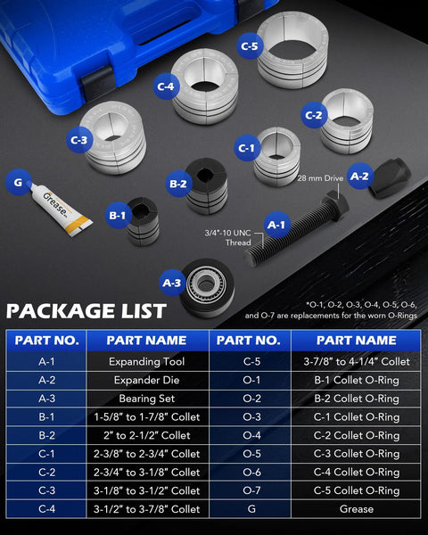 Orion Motor Tech exhaust pipe expander kit with storage case and assorted collets for 1-5/8 to 4-1/4 inch exhaust tubes