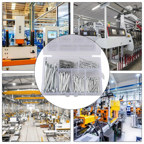 Rock Solid Stainless Steel Cotter Pin And Hair Pin Kit 230 Piece Assortment with factory machinery in the background