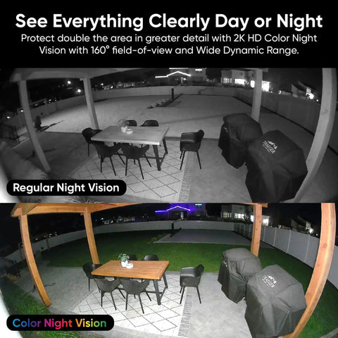Comparison of regular and color night vision images using Bulb Cam 2K HD Smart Security Light with wide 160° view.