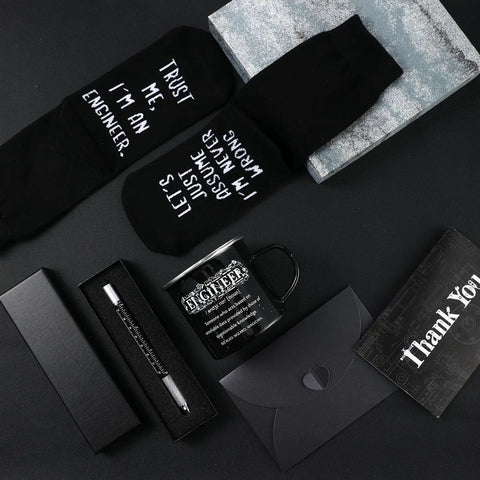 Engineer Gift Set For Men Includes 12 Oz Enamel Mug Socks Ballpoint Pen With Gift Box Thank You Card And Envelope displayed