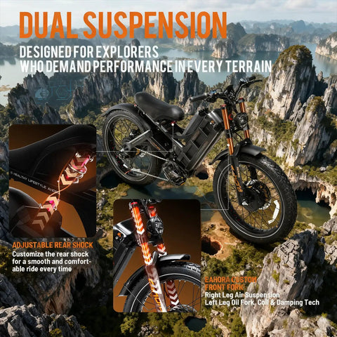 Heavy Duty Fat Tire Electric Bike For Adults Packing 6000W Dual Motors Kicking Up Dust At 52 Mph Racking 300 Miles Per Charge with dual suspension features.