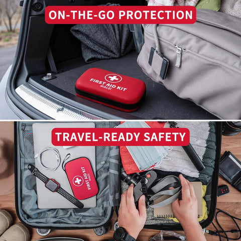 First aid kit case, red, 184-piece emergency kit shown in car trunk.
First aid kit, red, in open suitcase with medical supplies and gear.