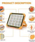 Rechargeable LED Work Light On The Go Portable Solar Powered Floor Lamp With 100W Output 3000 Lumens IP66 Waterproof