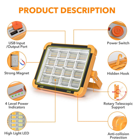 Rechargeable LED Work Light On The Go Portable Solar Powered Floor Lamp With 100W Output 3000 Lumens IP66 Waterproof