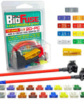 Premium Automotive Low Profile Mini Blade Fuse Assortment Kit With Slick Add A Circuit Tap Holders And Sturdy Puller, 20 Piece Road Ready Set For Cars And Trucks, 12AWG kit with colorful fuses and adapters.