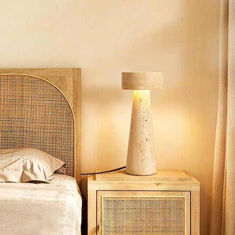 Travertine Stone Table Lamp With Warm White LED, Japanese Wabi Sabi Mushroom Nightstand Light on a bedside table