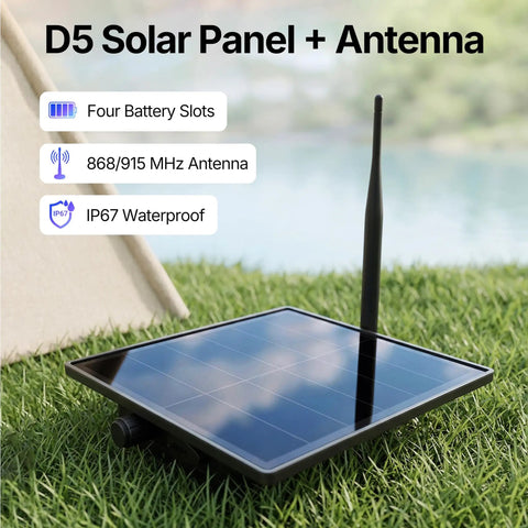 D5 Solar Panel + Antenna with four battery slots and IP67 waterproof design, installed on grass for outdoor use.