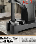 Heavy Duty Cast Iron Arbor Press With Steel Anvil For Center Punch And Ring Making showing multi-slot steel anvil plate for stability.