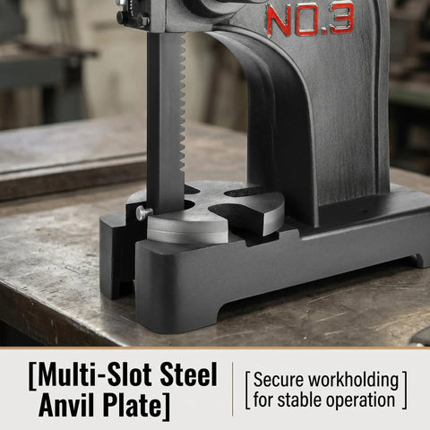 Heavy Duty Cast Iron Arbor Press With Steel Anvil For Center Punch And Ring Making showing multi-slot steel anvil plate for stability.
