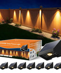 8 Pack Solar Fence Lights With Warm White LED Spot Lens installed on wooden fence, showcasing outdoor waterproof security lighting