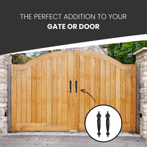 10 Inch Ornamental Gate Handle Built Tough Decorative Pull For Gates Barn Doors Fences Sheds Garages Closets Pantries Sliding Doors Indoor Outdoor Use Black Powder Coated Finish installed on wooden gate